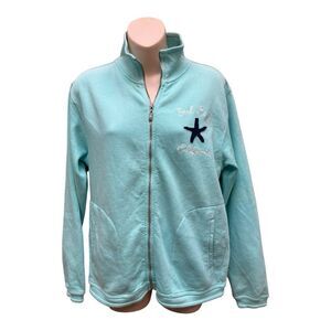 Seal Beach California Aqua Zip-Up Sweatshirt with Starfish Embroidery Sz L Worn